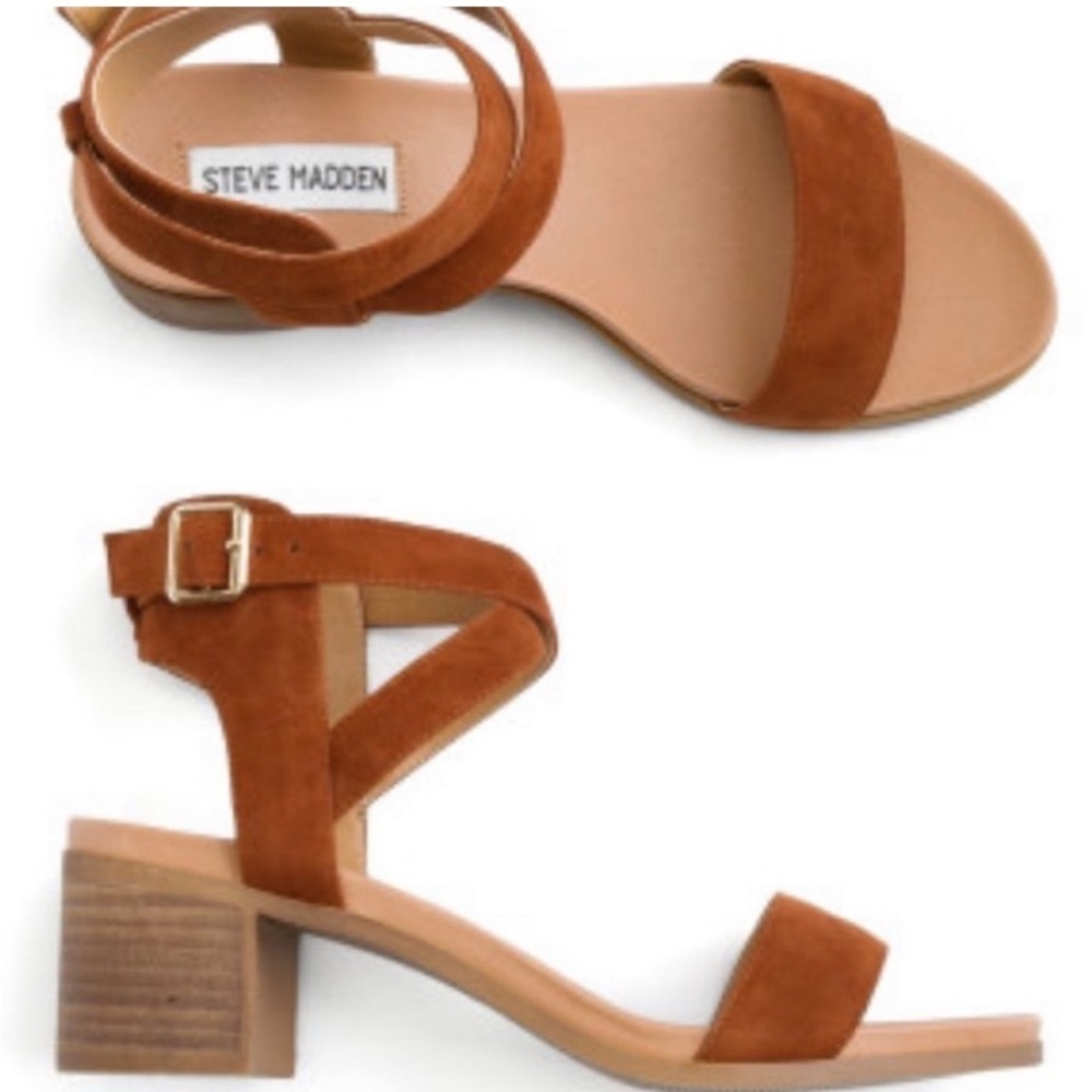Steve Madden Arlen Sandal Brown Suede Leather Block Heel Strappy Buckle